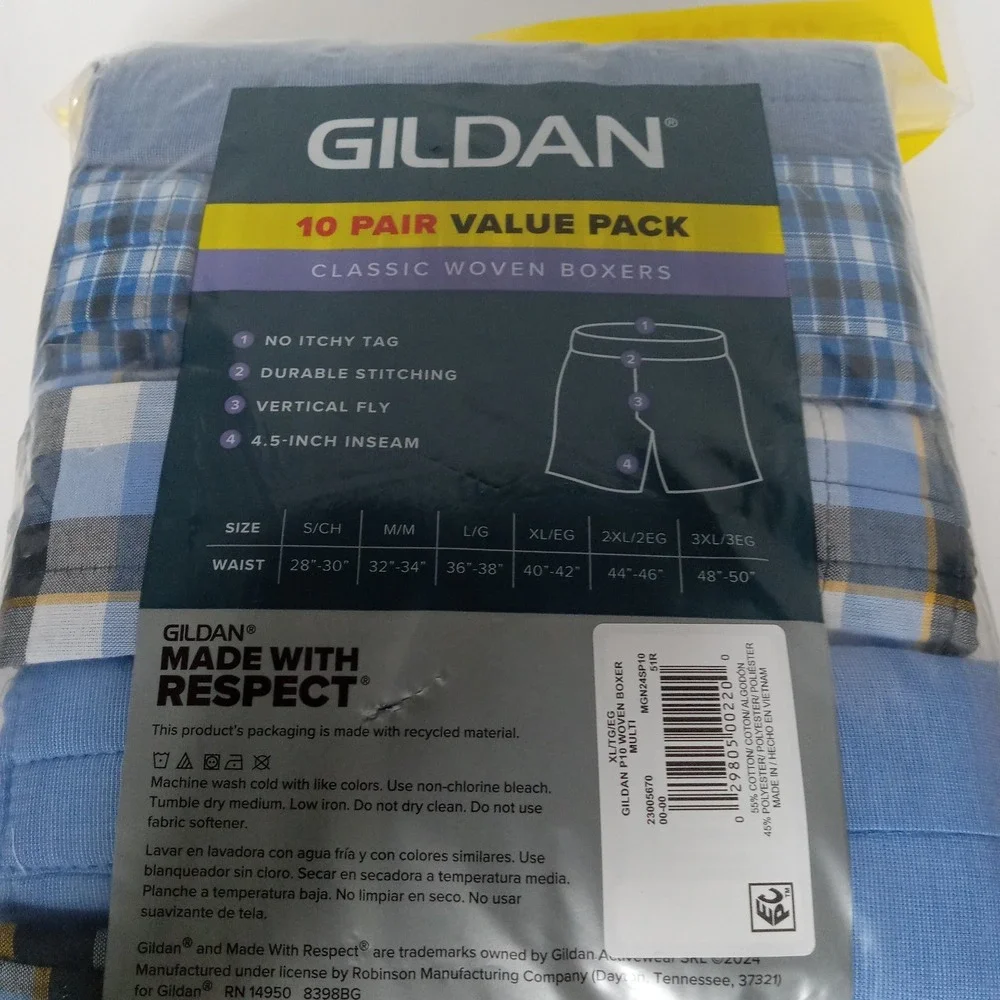 10-Pair GILDAN Men's XL Classic Woven Boxers Shorts‎ Underwear Tag Free Plaid